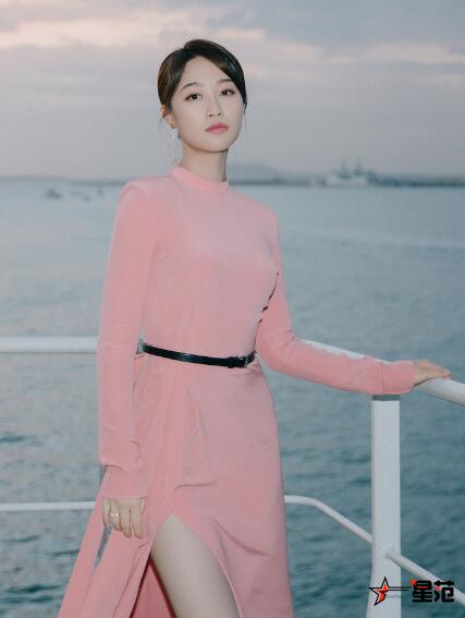 蓝盈莹出席电影《紧急救援》发布会 粉色开衩长裙气质温婉